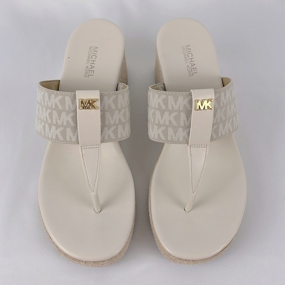 MICHAEL Michael Kors Shoes - Michael Kors Verity Espadrille Wedge Sandals Cream Size 7 Signature Logo Pattern